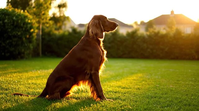 Irish Setter Dog Silhouetted Against Golden Sunlight in a Beautiful Green Lawn, Waiting Patiently