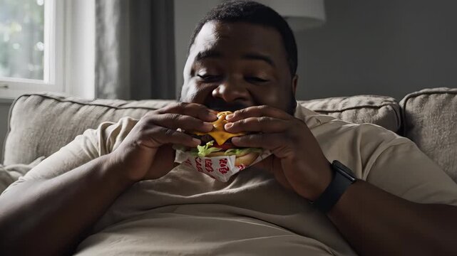 Overweight black man sitting on the sofa at home, mindlessly eating a hamburger from a fast food restaurant. Unhealthy lifestyle concept showing binge eating and poor dietary choices