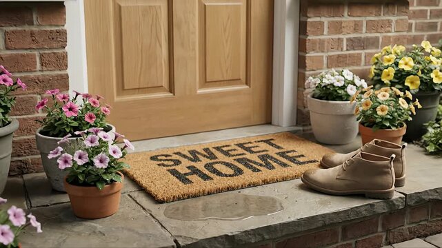 Cozy doormat with the writing sweet home placed at the entrance of a house, surrounded by beautiful potted flowers and a pair of shoes. Moving in concept and warm welcome to a new home