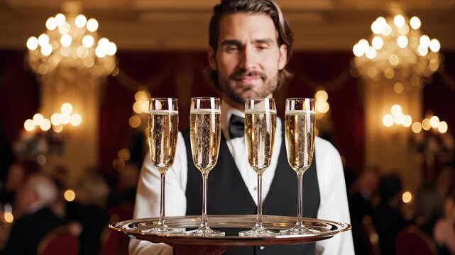 Professional waiter in a tuxedo holding a silver tray with glasses of sparkling champagne, looking at the camera and smiling during a luxurious event in a grand ballroom