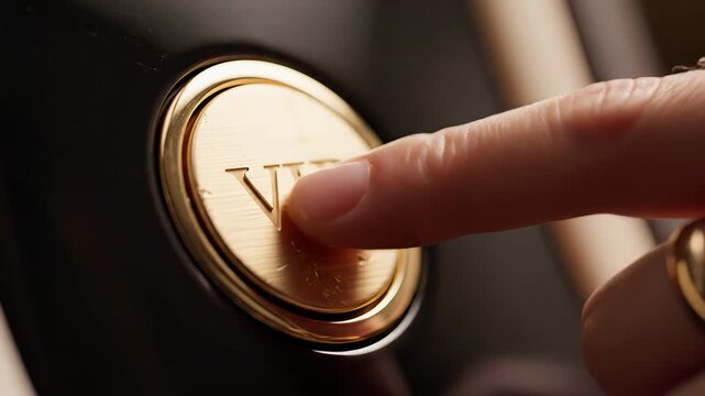 Close up of a person's finger pressing a luxurious golden button with vip lettering, representing exclusive access, special treatment, and first class service for important members