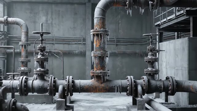 Cinematic camera movement revealing a complex network of frozen, rusty pipes and valves in a cold industrial plant, symbolizing an energy crisis or severe winter weather conditions