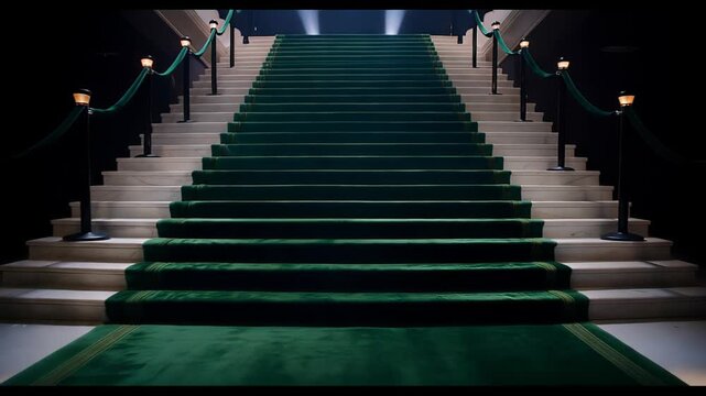 Majestic staircase with a luxurious green velvet carpet leading upwards, flanked by elegant stanchions and illuminated by dramatic spotlights, evoking a sense of glamour, success, and exclusivity
