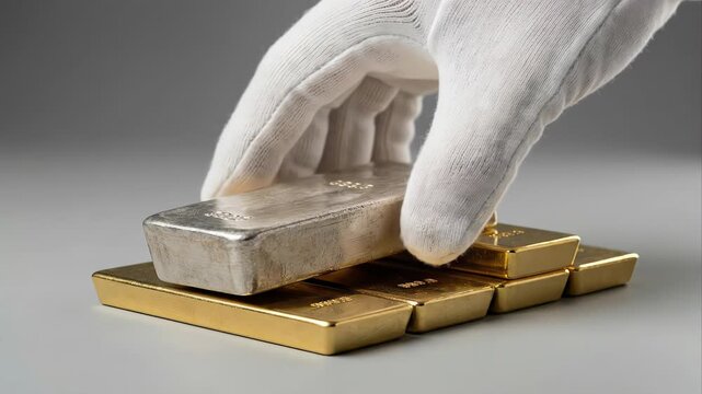 Banker's hand in a white glove carefully stacking a heavy silver bullion bar on top of a pile of pure gold ingots, representing wealth, investment, and the value of precious metals