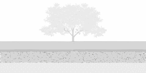 A solitary tree stands before a greyscale landscape with textured ground © Bithi