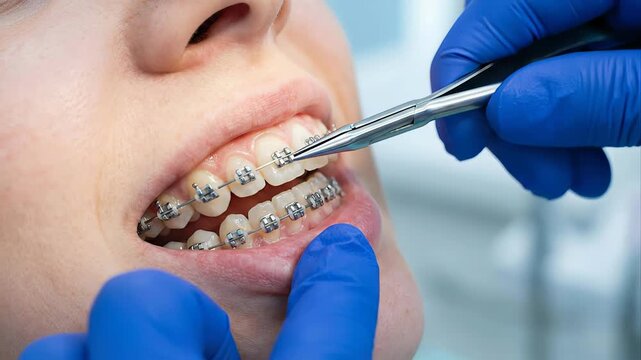Close up view of an orthodontist in blue gloves using a dental instrument to install a metal bracket on a female patient's teeth during a routine appointment in a modern dental clinic