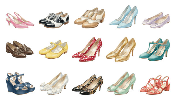 Collection of vintage female shoes watercolor illustration