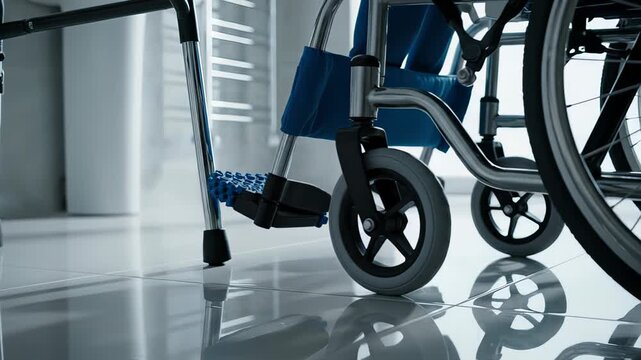 Reflective tiled floor in a modern hospital bathroom with a walker and a wheelchair, symbolizing mobility challenges, rehabilitation, healthcare, and the needs of elderly or disabled patients