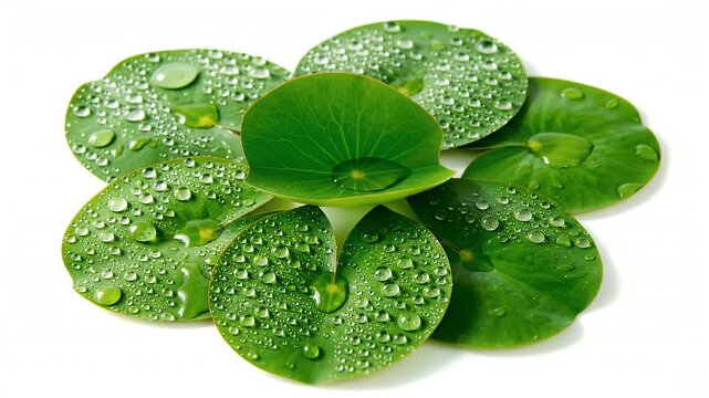 Green Pennywort Leaves Displaying Hydrophobic Properties with Water Droplets on White Background - Close Up