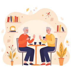 Elderly men talking and enjoying coffee at a cozy table indoors. Elderly set