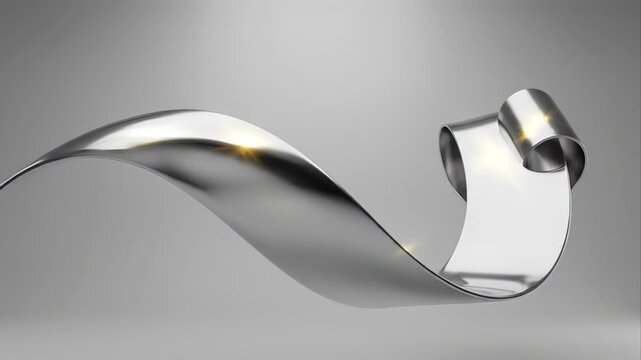 Sleek silver ribbon with a smooth, metallic surface gracefully unfurling and scrolling through the air, creating an elegant and abstract fluid motion against a soft gray studio background. asmr