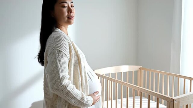 Expectant mother lovingly caressing her pregnant belly while standing next to a wooden crib in a sunlit nursery, anticipating the arrival of her new baby with a serene and happy expression