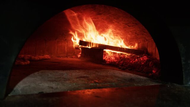 wood burning in the pizza oven