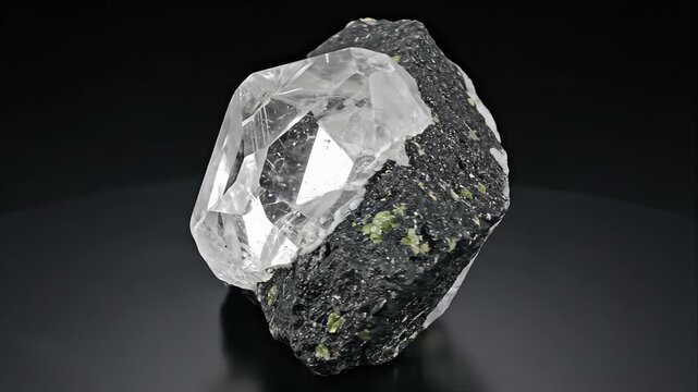 Valuable raw diamond crystal embedded in its natural kimberlite matrix rock rotating on a black reflective surface, showcasing its clarity, facets, and unique geological formation