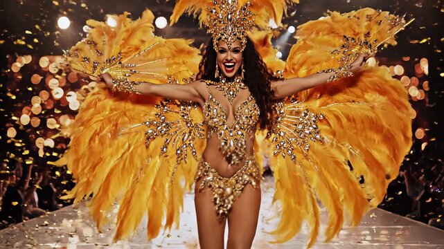 Beautiful carnival showgirl wearing a stunning golden feather costume and headdress walking down a runway during a fashion show, surrounded by falling confetti and bright stage lights