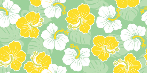 yellow hibiscus design pattern, leaf on green background. sweet hibiscus motif summer patterns for Hawaiian shirts. botanical motif, floral hibiscus. lovely beautiful pattern flowers, seamless print.