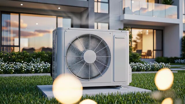 Outdoor air conditioning unit with a fan spinning and releasing cool air, installed on the green lawn of a modern residential building at sunset, symbolizing home comfort and hvac technology