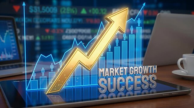 Financial market growth arrow showing success on tablet with stock tickers in background market, ticker.