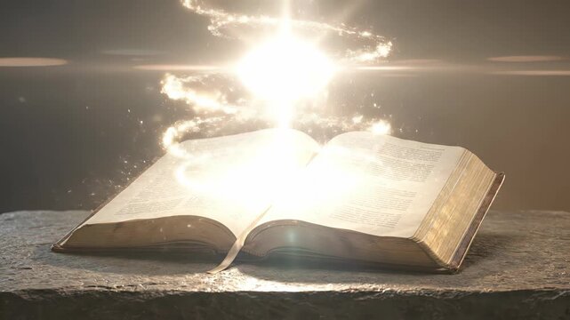 Luminous cross with a halo rising from the pages of an open holy bible, symbolizing faith, resurrection, and divine revelation with sparkling magical particles against a dark background