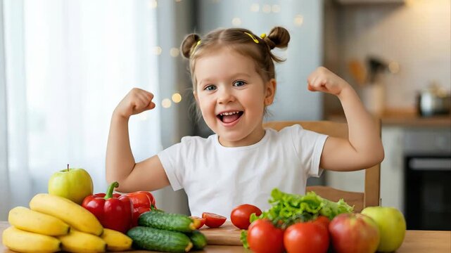 Adorable little girl smiling and showing her muscles, sitting at a table full of fresh fruits and vegetables, promoting healthy eating, strength, vitamins, and a balanced diet for children