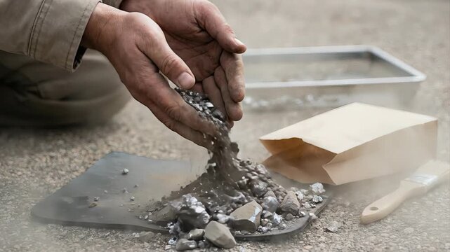 Male geologist's hands carefully pouring and examining raw silver and platinum ore samples, sorting valuable stones from dust and gravel in a process of manual geological evaluation