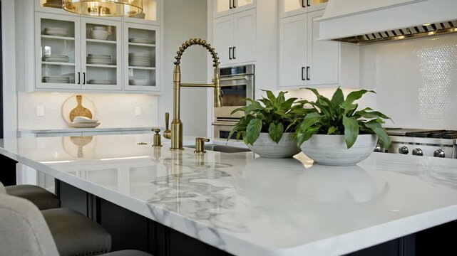 Luxurious kitchen featuring a stunning marble countertop island with seating, white cabinets, gold fixtures, and high end appliances, representing contemporary home design and upscale real estate
