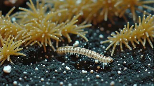 Bristle Fireworm Crawls on Black Sand Substrate Near Yellow Star Coral