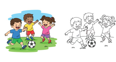Vector illustration of happy cartoon kids playing soccer football with black and white outline for coloring book page; cute children running and kicking ball sport activity.