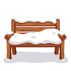 A wooden bench covered with snow in peaceful winter park setting. Concept of seasonal outdoor scene for illustrations infographics and cozy designs