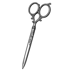 A vintage barber scissors illustration in elegant engraved style. Concept of grooming tools and hairstyling tradition - barber equipment - vintage care