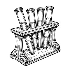 A vintage test tube holder with multiple glass tubes in engraved scientific style. Concept of laboratory research and chemistry tools - science experiment - old-fashioned lab