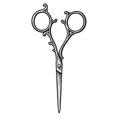 A decorative vintage hairdressing scissors illustration with ornate handle in engraved style. Concept of hairstyling craft and elegance - barber art - beauty tools