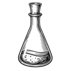 A handdrawn flask with liquid content in vintage engraved style. Concept of chemistry and scientific experiments - laboratory tool - alchemy and science