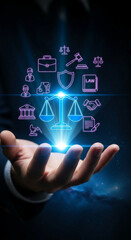 Naklejka premium Open hand presents glowing law icons, including balance scale, gavel, and briefcase, against a cosmic background, representing legal profession