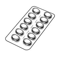 A blister pack of tablets illustrated in detailed vintage engraved medical style. Concept of pharmaceutical treatment and medication packaging for healthcare visuals