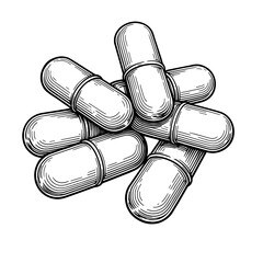 A group of medical capsules illustrated in vintage engraved pharmaceutical style. Concept of drug therapy and medication for healthcare education and design
