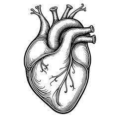 A detailed human heart anatomy illustrated in vintage engraved medical style. Concept of cardiovascular system education and healthcare science design