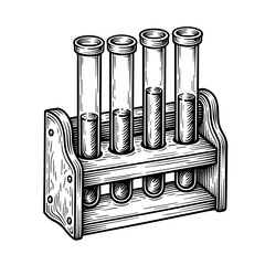 A set of vintage test tubes in wooden rack illustrated in engraved style. Concept of chemical experiment and science education for laboratory visuals