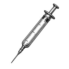 A vintage medical syringe with needle illustrated in engraved detailed style. Concept of vaccination and injection tool for healthcare and science design