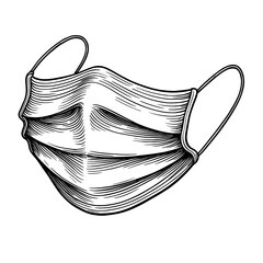 A protective medical face mask illustrated in vintage engraved healthcare style. Concept of hygiene safety and medical protection for public health visuals