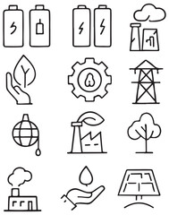 Hand drawn eco energy and industry line icon set in black and white. Ideal for green technology, environmental projects, and sustainable power design. Vector EPS 10 format for easy scaling.