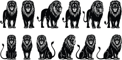 Black lion silhouettes set featuring various standing and sitting poses of majestic male lions with manes for safari wildlife graphic design. © Shahariay