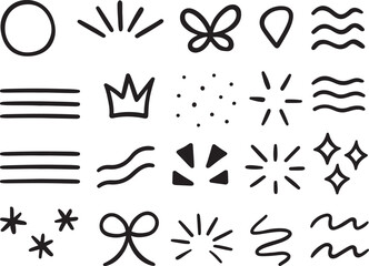 Hand-drawn black doodle set with smiley face, crown, stars, and bow. Minimalist ink elements for greeting cards, journals, and social media icons in EPS10 vector format.