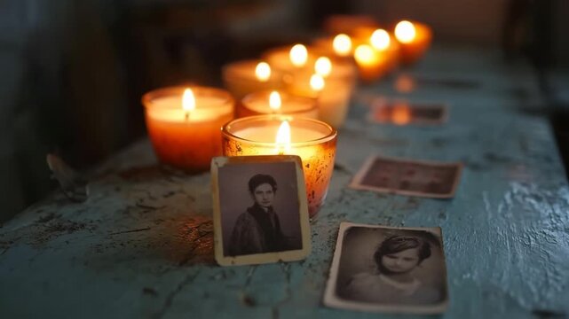 Old black and white photographs of a woman and a child resting by a row of burning memorial candles