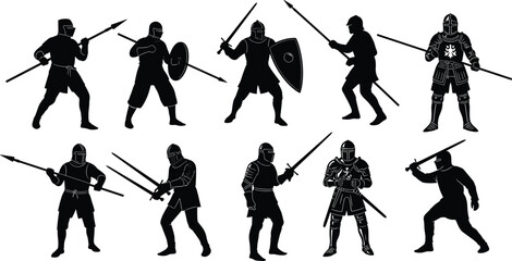 Obraz premium Medieval armored warrior silhouettes fighting with swords, spears, and shields in dynamic combat poses isolated on white background for history and fantasy design concepts
