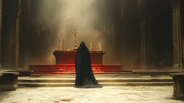 Mysterious robed figure standing in a dark, ancient cathedral facing a crucifix on an altar