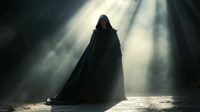 Mysterious hooded figure wearing a black cloak slowly turns around in a dark, foggy environment