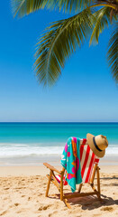 Naklejka premium A beach chair with striped canvas and towel under palm, under blue sky and turquoise sea, represents summer vacation, relaxation, and coastal leisure