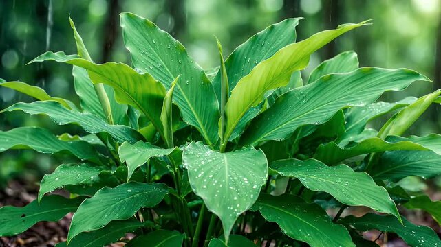 Lush Green Turmeric Plant Thriving in Natural Forest with Raindrops in the Woods Botanical Beauty and Herbal Medicine