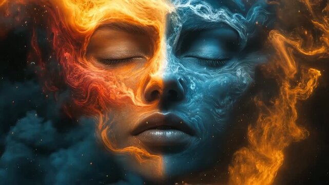 Woman's serene face embodying the cosmic duality of fire and ice elements with flowing energy